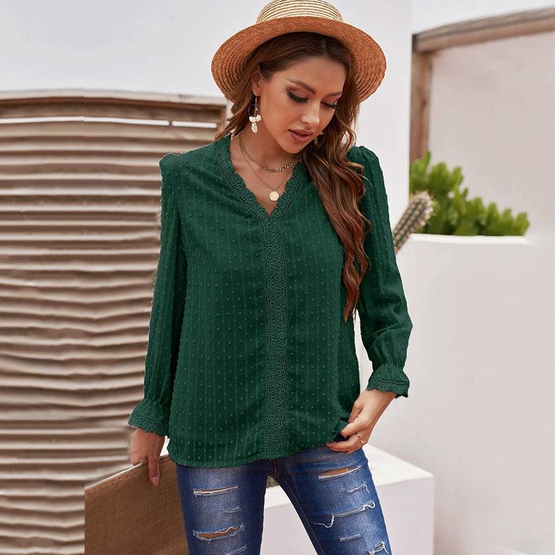 2024 Summer New Arrival Long Sleeves Thin Lace Shirt Women Fashion Loose Pullover Deep V Neck Solid Color Casual T-shirt Tops Women-THAT FASHION STORE