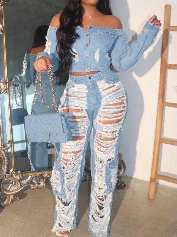 Sexy Womens Outfit High Waist Pocket Design Ripped Jeans Pants 2023 Autumn Summer Spring New Fashion Casual-THAT FASHION STORE