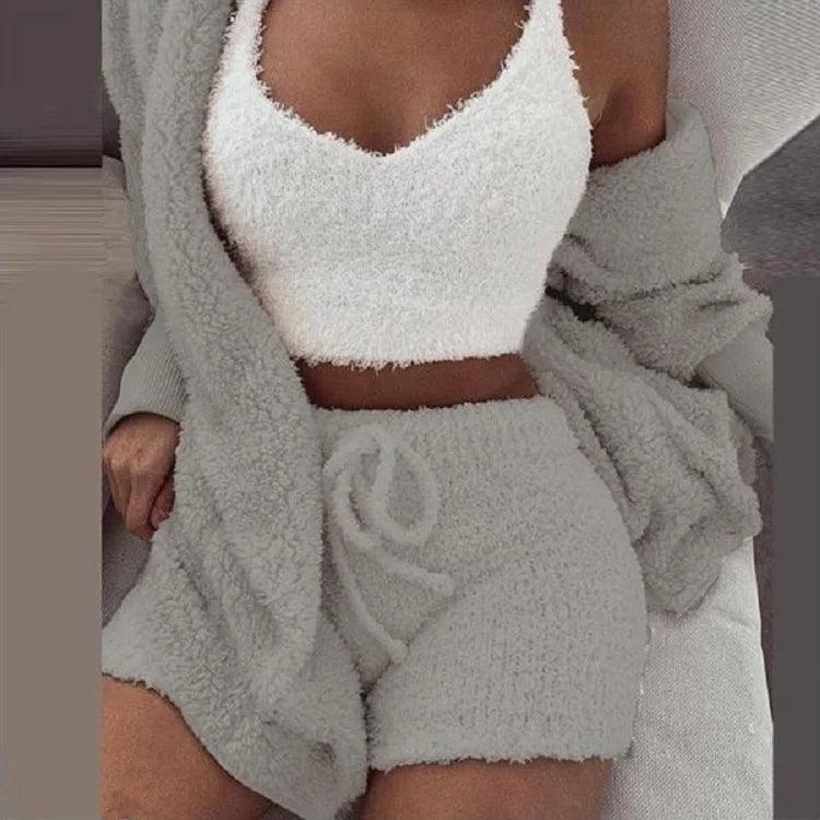 Fluffy Pajamas Set for Women Casual Sleepwear Tank Top and Shorts Plus Size Hoodie Leisure Homsuit Winter 3 Pieces Pijamas-THAT FASHION STORE