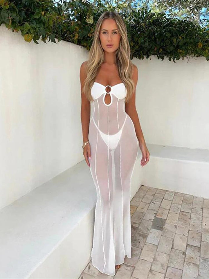 Mesh See Through Hollow Out Sexy Party Club Bodycon Maxi Long Dress Women Autumn Winter Strapless Backless Y2K Dresses Vestido-THAT FASHION STORE