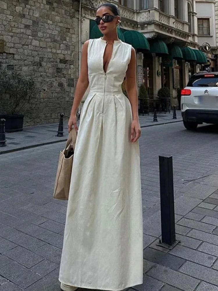 Elegant Zipper Slim Pleated Maxi Dress Women Fashion Solid V-neck Sleeveless Dresses 2024 Summer New Office Lady Commuting Robe-THAT FASHION STORE