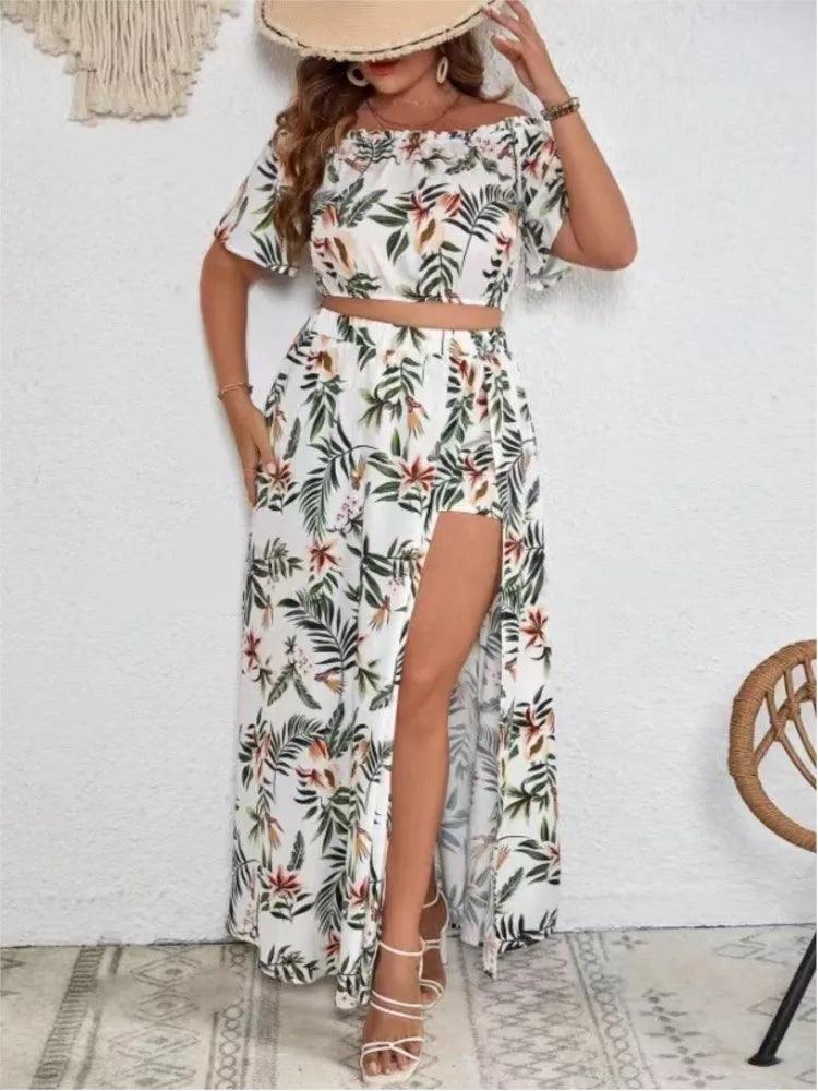 Plus Size Summer 2 Two Piece Set Women Off Shoulder Sexy Ladies Cropped Blouses Irregular Split Modis Ruffle Pleated Woman Skirt-THAT FASHION STORE