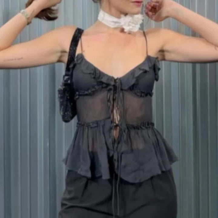 Maemukilabe Sexy Black Mesh See-Through Crop Tops V-Neck Front Tie Up Ruffles Camis Summer Holiday Backless Vest Tops Y2K-THAT FASHION STORE