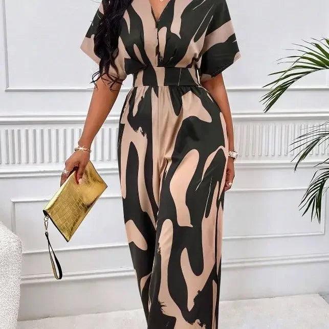 One Piece Women Print V Neck Half Sleeve Loose Wide Leg Long Pants Overalls Casual Splice Romper Tight High Waist Jumpsuits-THAT FASHION STORE