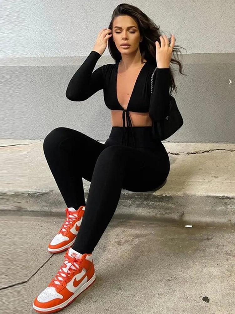 Kliou Solid Jumpsuit Drawstring Cleavage Waist Out One Piece Overall Sexy Body-Shaping Hipster Midnight Club Female Clothing-THAT FASHION STORE