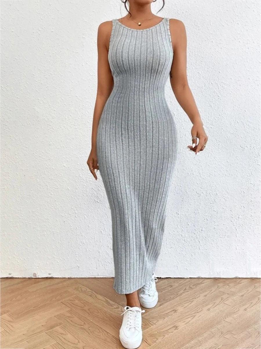 wsevypo Backless Knit Bodycon Long Dress Women's Summer Sleeveless O Neck Tank Dress Street Vacation Beach Casual Sundress-THAT FASHION STORE