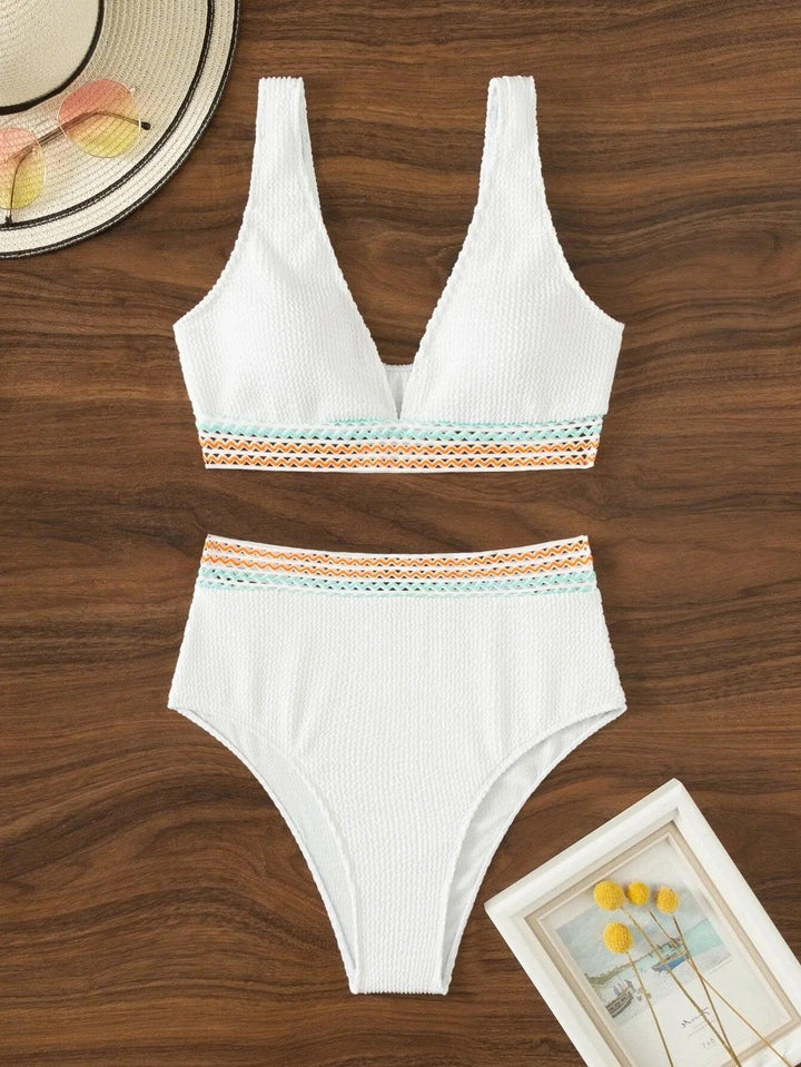 2023 Sexy Strape Tape Swimsuit Women Solid High Waist Bikini Set V-neck Swimwear Female Padded Bathing Suit Swimming Beachwear-THAT FASHION STORE