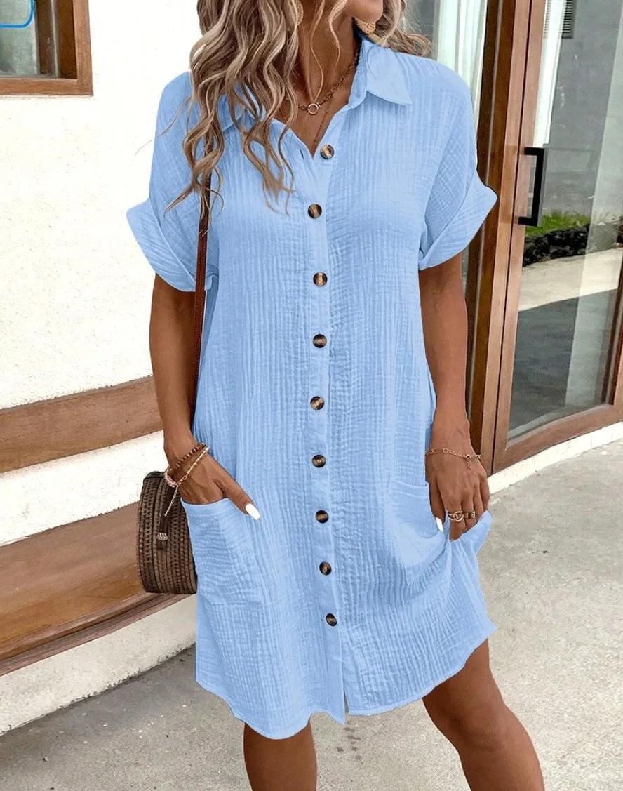 Summer Solid Simple Short Sleeve Shirt Dress Women's Turn-down Collar Single Breasted Casual Elegant Ladies Loose Dresses-THAT FASHION STORE