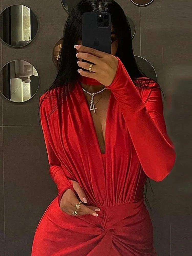 CNYISHE Fashion Deep V-neck Long Sleeve Skinny Bodysuit Rompers Women Jumpsuits Office Lady Sexy Slim Bodysuits Overalls Tops-THAT FASHION STORE