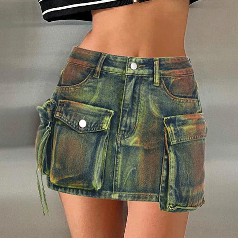 BIIKPIIK Women Asymmetrical Pockets Denim Skirts Sexy Fashion High Waist Skirts Female Clubwear Concise Y2K All-match Outfits-THAT FASHION STORE