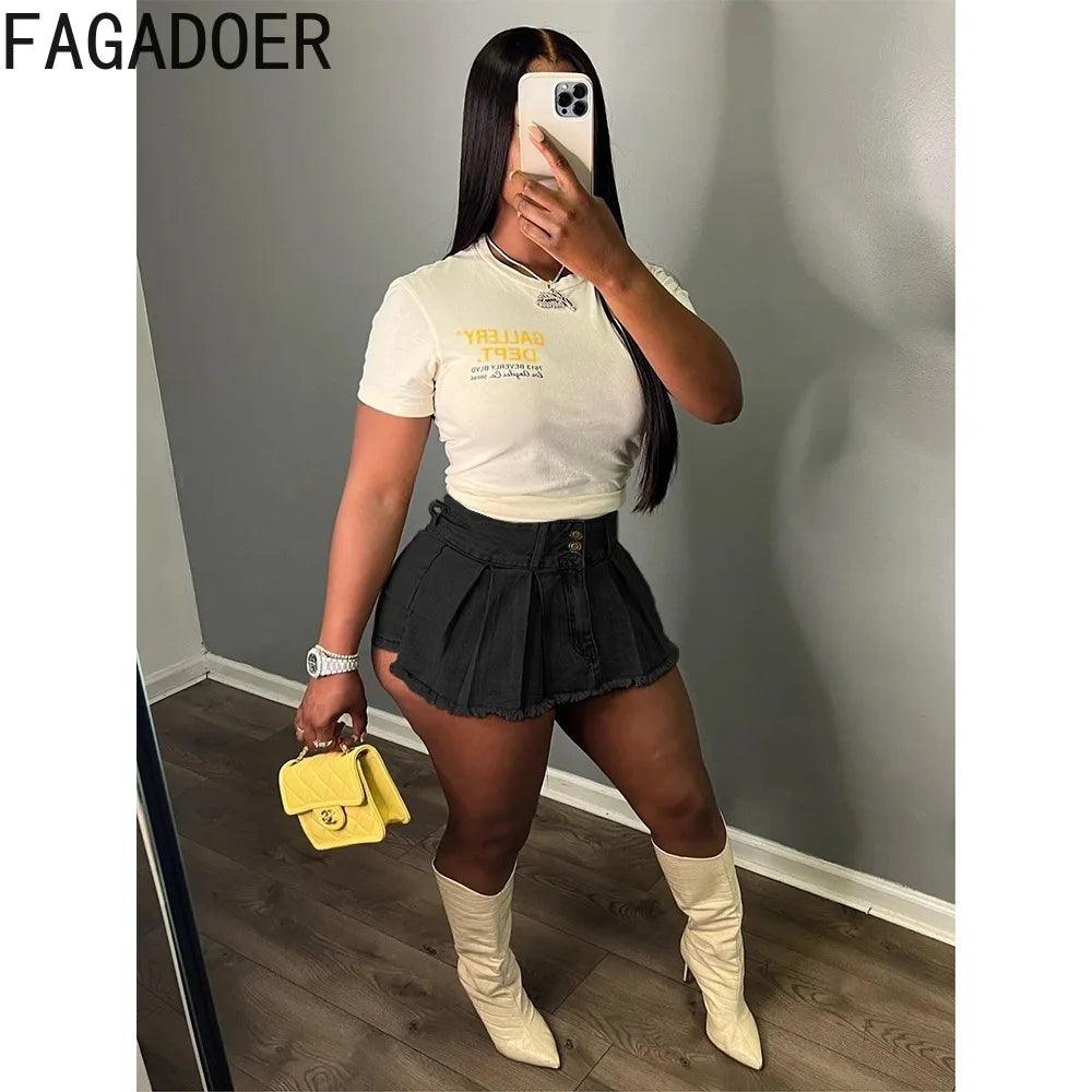 FAGADOER Fashion Y2K Cute Pleated Denim Skirts Women High Waisted Button Mini Shorts Skirts Summer New Retro Matching Bottoms-THAT FASHION STORE