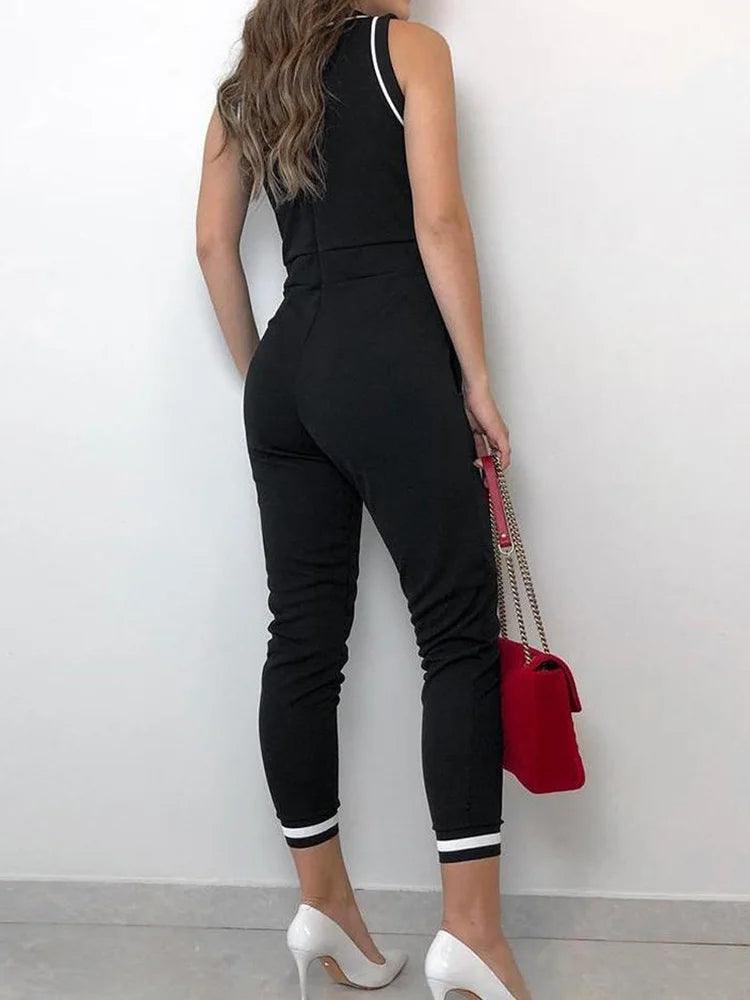 Contrast Binding Tie Waist Casual Jumpsuit Women Rompers Sleeveless Summer One Piece Overall-THAT FASHION STORE