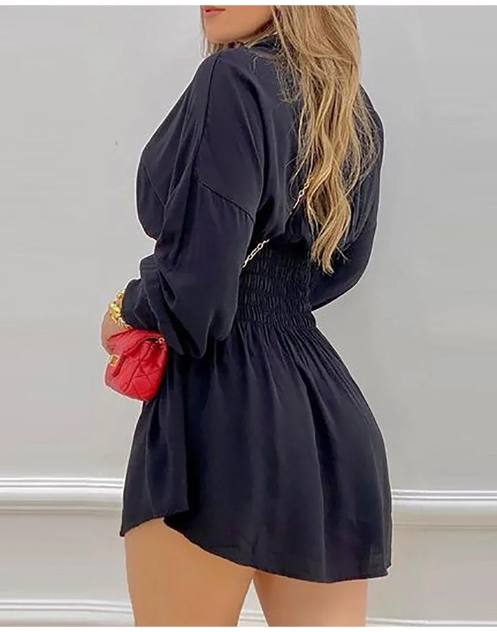 Chic Lantern Sleeve Mini Dress for Women - Elegant Casual Fall Print High Waist Shirt Dress - THAT FASHION STORE