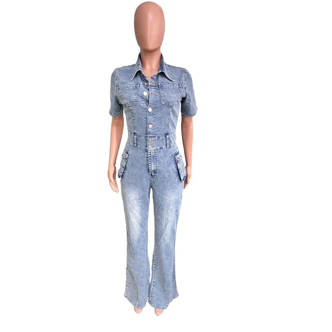 Women Jumpsuit Fashion Pocket Short Sleeve Tight Waist Denim Jumpsuits Lady Slim Fit Stretch Washed Flare Leg Jeans Jumpsuits-THAT FASHION STORE