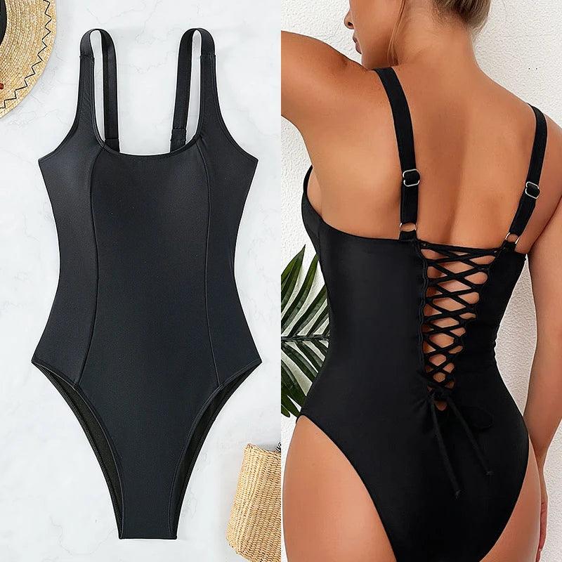 Women Sexy Black Strapped Swimwear Summer Backless Cross One Piece Swimsuit Monokini Hollow Summer Beach Bathing Suits-THAT FASHION STORE