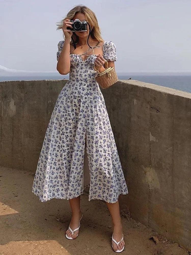 Dress Summer Fashion White Elegant Ladies Backless Clothes Puff Sleeve Floral Print Slit Long Dresses For Women New Arrival 2023-THAT FASHION STORE