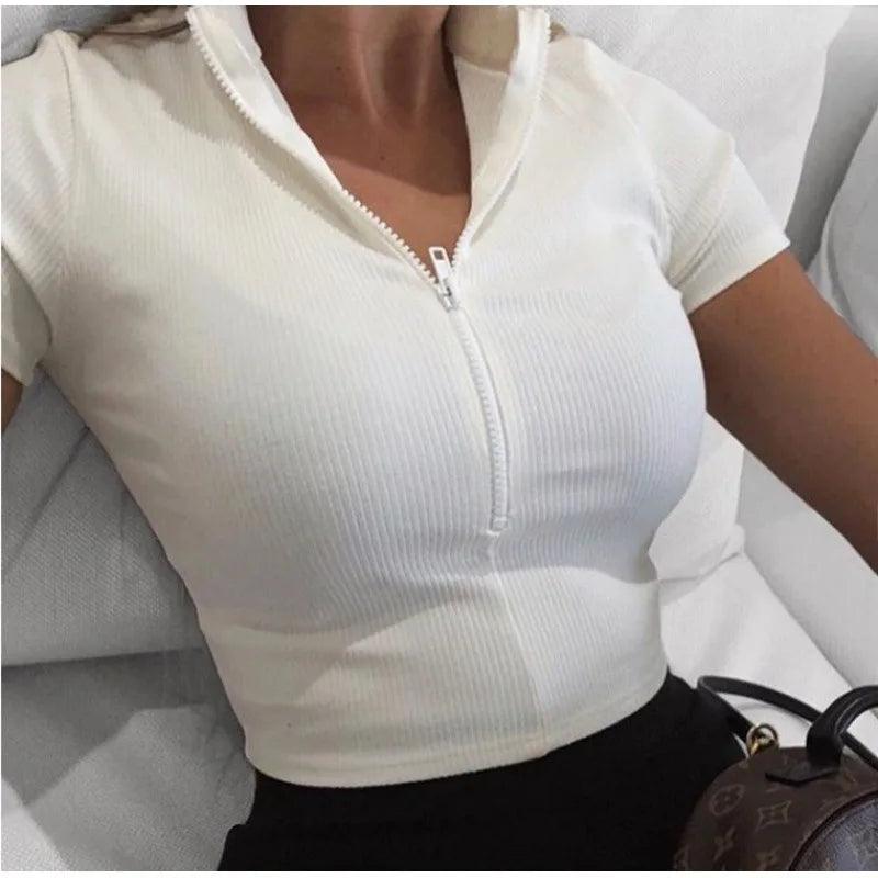 YUZHEXI Zipper Knit Top Women Bare Waist Short Sleeve White T Shirt Spring Summer 2024 Bodycon Active Jogging Crop Tops Cute Y2k-THAT FASHION STORE