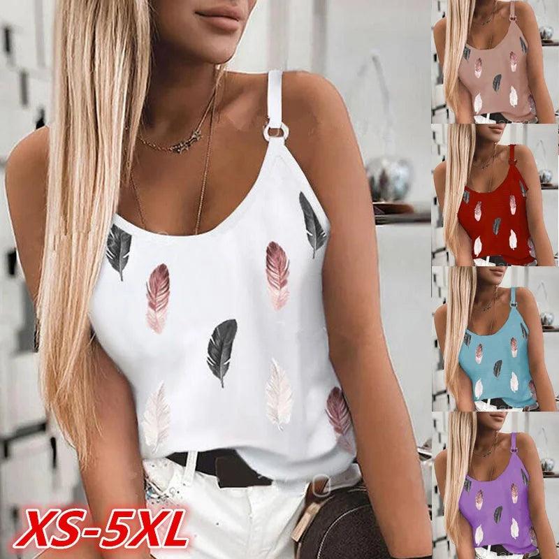 2022 Summer Women Wear New Pattern Fashion T-Shirt Summer Casual Feather Print Sleeveless Tank Tops Camisole Coat-THAT FASHION STORE