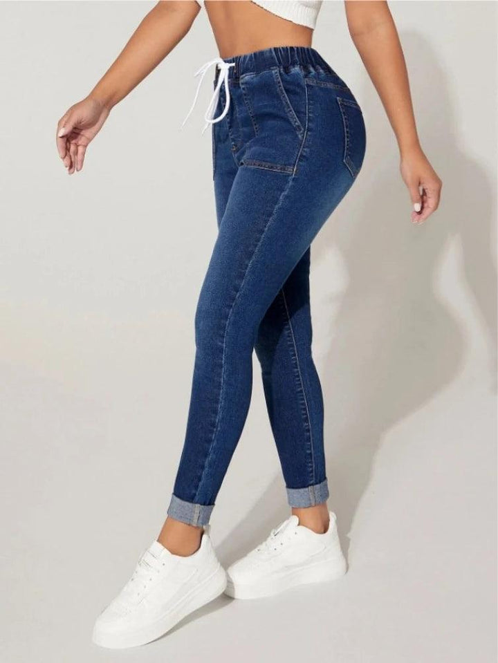 2023 Autumn and Winter Women's High Stretch Elastic Waist Drawstring Jeans Fashion Skinny Slim Ankle-Length Denim Pencil Pants-THAT FASHION STORE