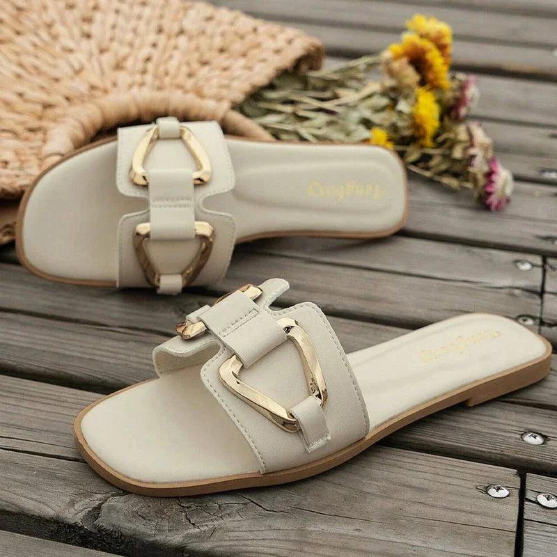 Women Metal Decor Single Band Flat Sandals Fashion Sexy Open Toe Outdoors Slides Luxurious Office Ladies Party Female Shoes-THAT FASHION STORE