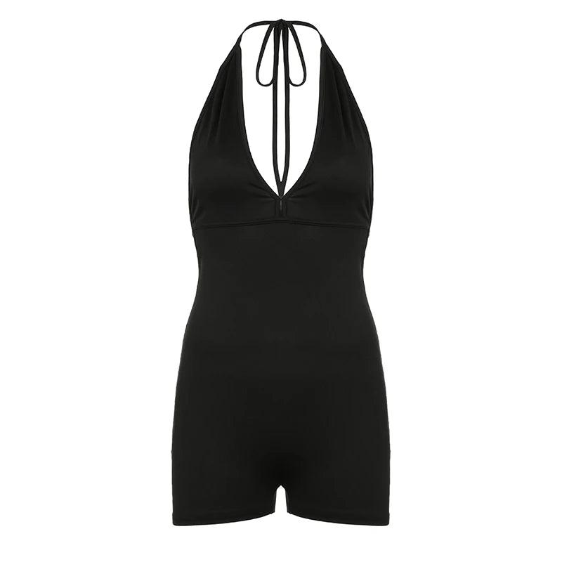 Cuteandpsycho Backless Sexy Slim Rompers Streetwear Halter Neck Chic Solid Women's Jumpsuits Sleeveless Fashion Skinny Outfits-THAT FASHION STORE