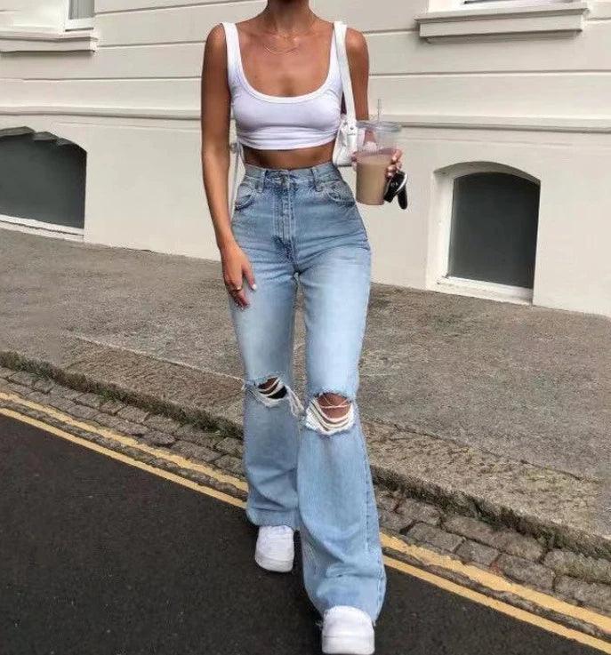 Women's Fashion Ripped High Waist Straight Flare Jeans Street Trendy Person Women Temperament Long Denim Pants-THAT FASHION STORE