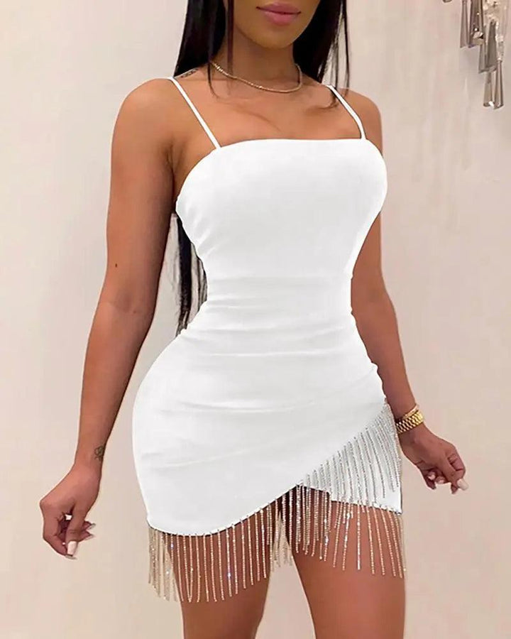 New Woman Party Night Birthday Tassel Split Sleeveless Bodycon Dress Summer Elegant Suspender Short Mini Pencil Sexy Dresses-THAT FASHION STORE