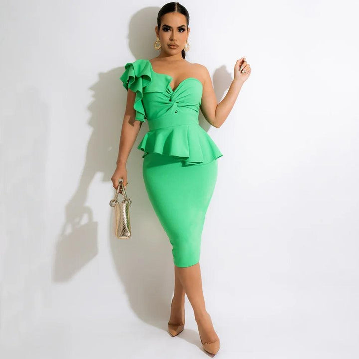 Sexy One Shoulder Design Bodycon Dresses Women Elegant Ruffle Short Sleeve Peplum Slim Slit Dress Fashion Party Office Vestidos-THAT FASHION STORE