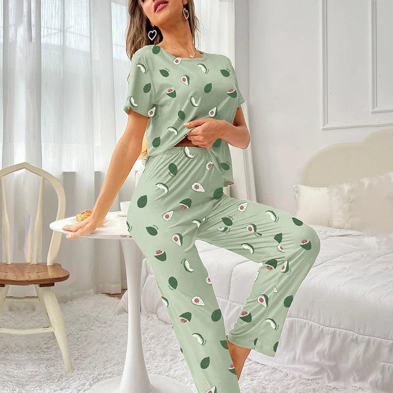 Womens Pajamas Sleepwear Set Soft Comfortable Short Sleeve Tops With Long Pants Pajama 2 Pieces Lingerie Women Home Clothes Suit-THAT FASHION STORE