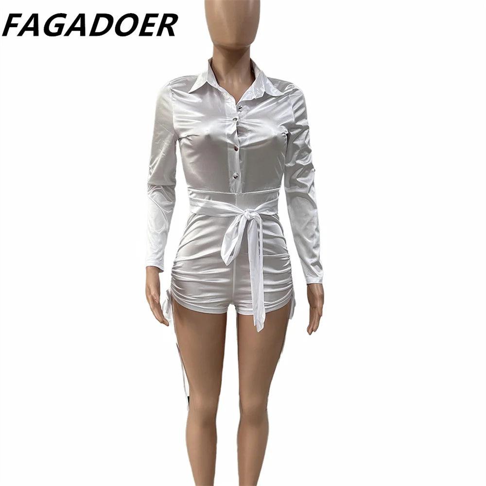 FAGADOER Spring New Solid Color Drawstring Bodycon Rompers Women Turndown Collar Long Sleeve Slim Jumpsuits Fashion Slim Overall-THAT FASHION STORE