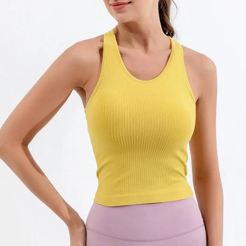 Ribbed Yoga Tank Top Women Shockproof Sports Bra High Elastic Running Vest With Padded-THAT FASHION STORE