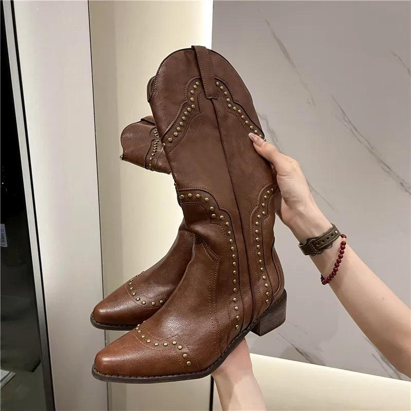 Studded Boots Women 2023 Low Heel Cowboy Chelsea Western Short Leather Knee High Luxury Designer Gothic New Rock Shoes Vintage-THAT FASHION STORE