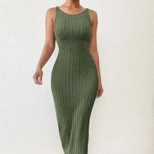 Solid Backless Tank Dress，Summer new sexy backless mid-length knitted sleeveless dress-THAT FASHION STORE