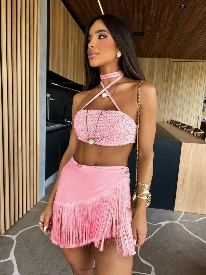 2024 Sexy Tassel Women Two Piece Skirt Halter Lace Bra Tassel Mini Skirt Suit Beach Vacation Casual Female Bathing Suit Summer-THAT FASHION STORE