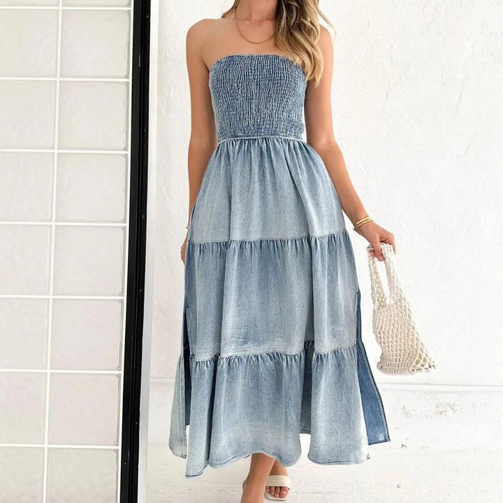 2024 New Elegant Holiday Strapless Long Dress for Summer Vestidos Hem Stitching Side Split Fashion Women Denim Long Dress-THAT FASHION STORE