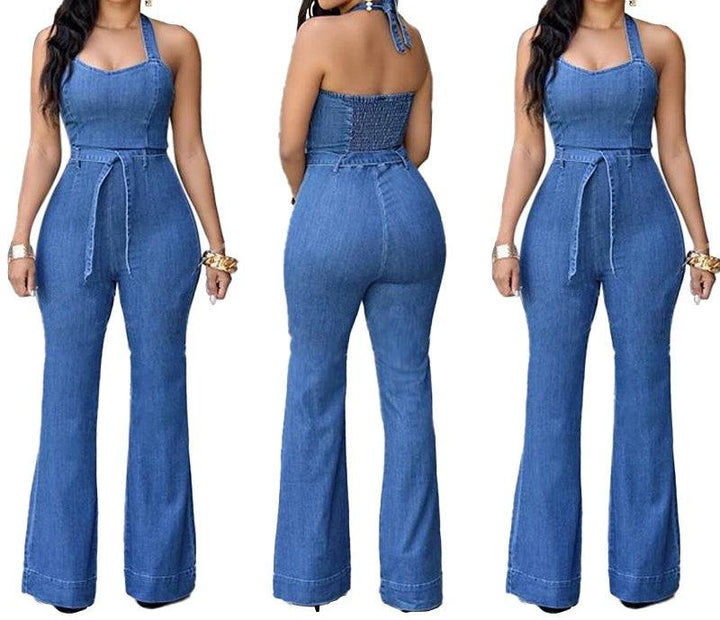 Women One Piece Solid Denim Jumpsuits Sleeveless V Neck Rompers Wide Leg Long Pants Overalls Sexy Slim Fit Hight Waist 2024-THAT FASHION STORE