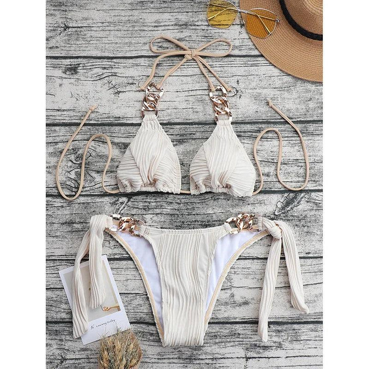 Sexy String Halter Bikinis Solid Swimsuit 2023 New Chain Linked Swimwear Women Chain Strappy Bathing Suit Two Piece Sets Beach-THAT FASHION STORE