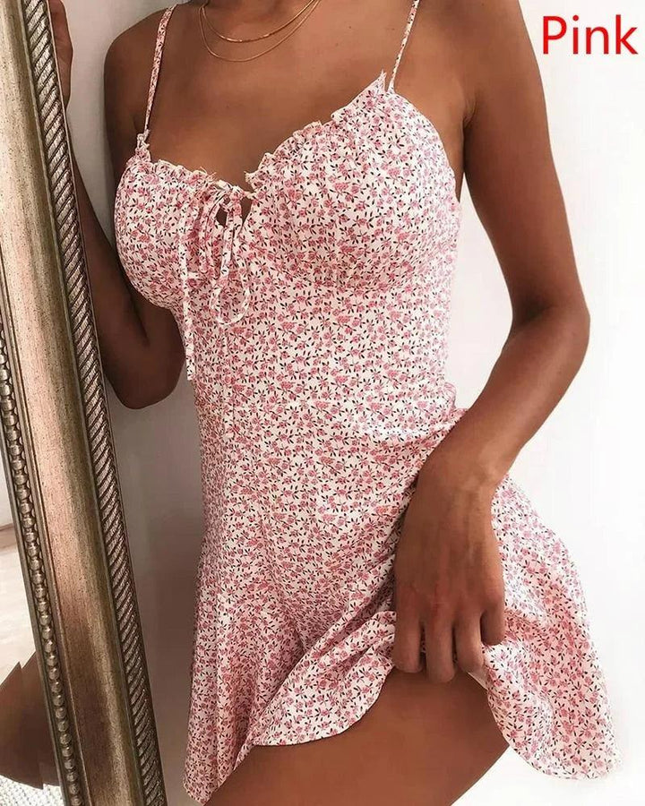 2023 Women Summer Spaghetti Strap Floral Print Tie Front Mini Dress Sexy Dress-THAT FASHION STORE