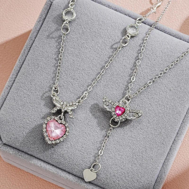 Crystal Angel Wings Heart Pendant Necklaces Set Ladies Girl Simple Y2K Pink White Zircon Love Elegant Necklace Women Jewelry Set-THAT FASHION STORE