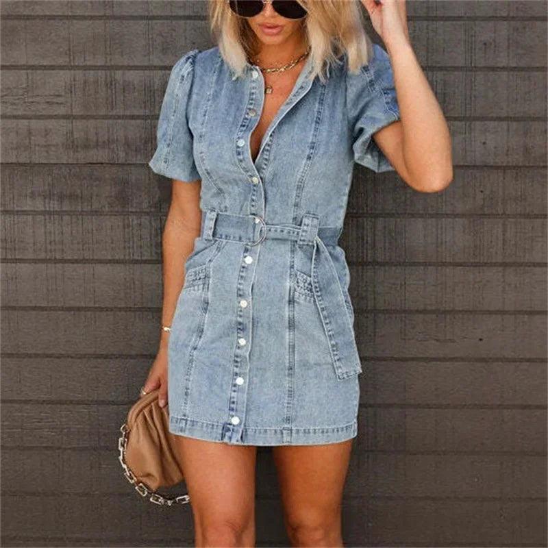 High Waist Lace-up Double Pocket Women Denim Dresses Lapel Single-breasted Cardigan Dress Female Trend Streetwear Commuter Gown-THAT FASHION STORE