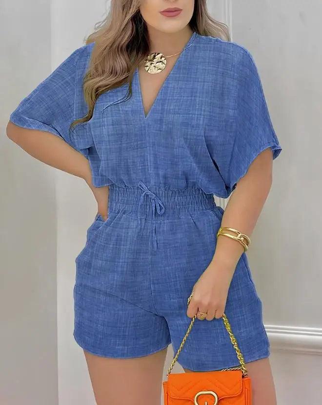 Jumpsuit Women 2023 Summer Fashion Batwing Sleeve Shirred Waist Casual Plain V-Neck Short Sleeve Above Knee Romper Streetwear-THAT FASHION STORE