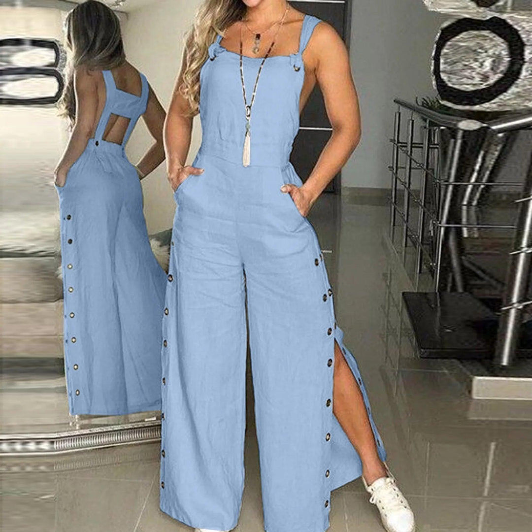 Women's Summer Sleeveless Twisted Knot Cotton Linen Strappy Jumpsuit Side Button Opening Loose Long Pants Women Playsuit Overall-THAT FASHION STORE