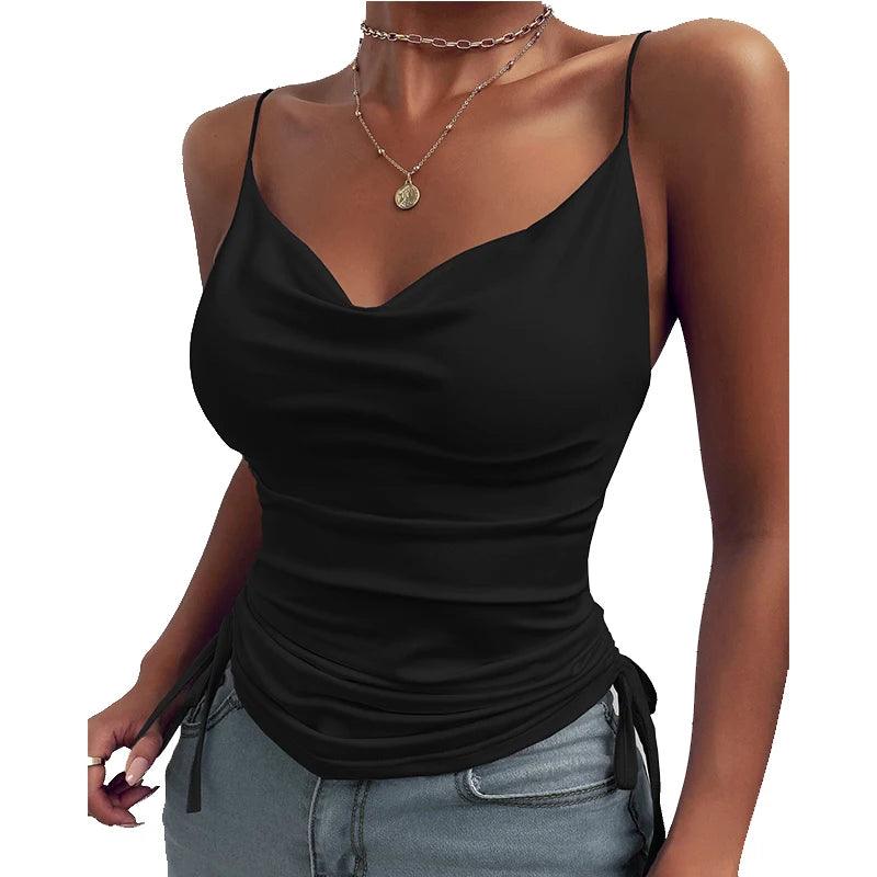 Women Tank Top V Neck Camisole Cami Drawstring Spaghetti Strap Top Loose Sleeveless Blouses Tank Shirt Summer Crop Top-THAT FASHION STORE