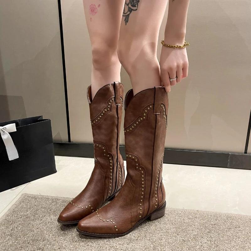 Studded Boots Women 2023 Low Heel Cowboy Chelsea Western Short Leather Knee High Luxury Designer Gothic New Rock Shoes Vintage-THAT FASHION STORE