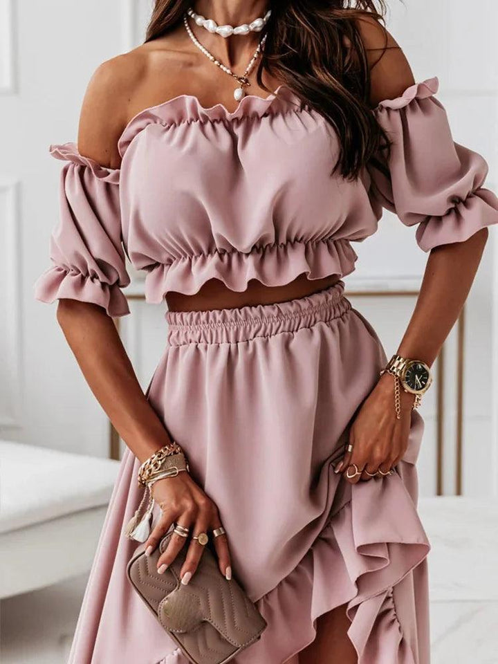 Sexy Off Shoulder Two Piece Set Women Summer Ruffle Backless Outfits Puff Sleeve Strapless Beach Party Skirts 2 Piece Sets Robe-THAT FASHION STORE