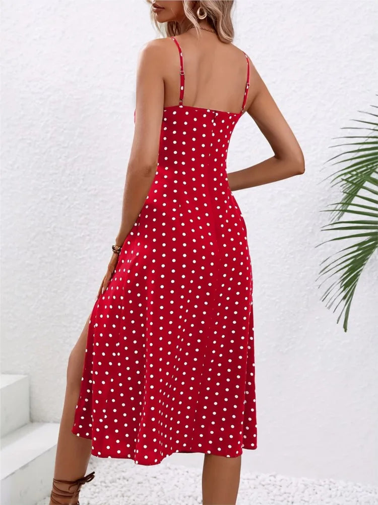 2024 Summer Sexy Spaghetti Straps Dress Women Fashion Polka Dot Print Sleeveless Slit Dress Boho Casual Beach Midi Dresses - THAT FASHION STORE