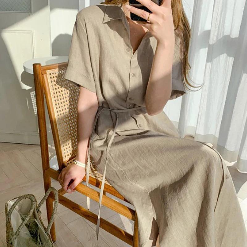 Summer Cotton and Linen Long Dress Fashion New Polo Neck Single Breasted Shirt Dress Casual Simplicity Loose Lace-up Vestidos-THAT FASHION STORE