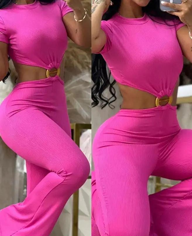 2023 Summer Woman Long Jumpsuits Elegant Sexy O-Ring Decor Cutout Short Sleeve Jumpsuit New Fashion Casual One Pieces-THAT FASHION STORE