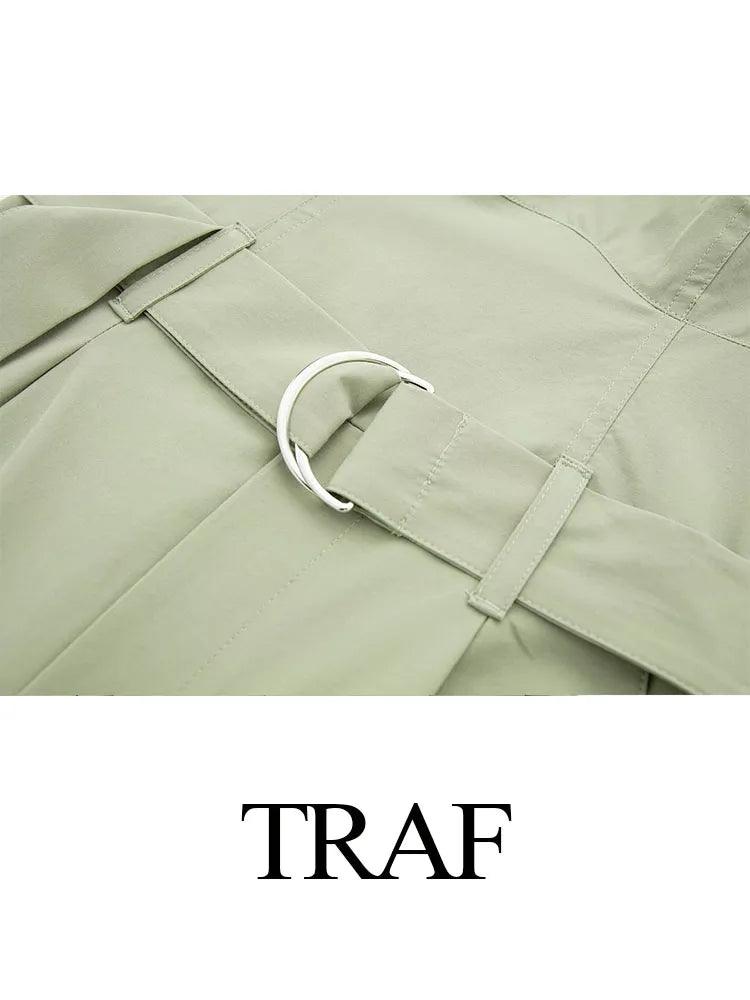 TRAF 2023 New Women Fashion Y2K Jumpsuit Solid Green With Belt Sleeveless Green Cargo Pants Loose Chic Female Clothing Street-THAT FASHION STORE