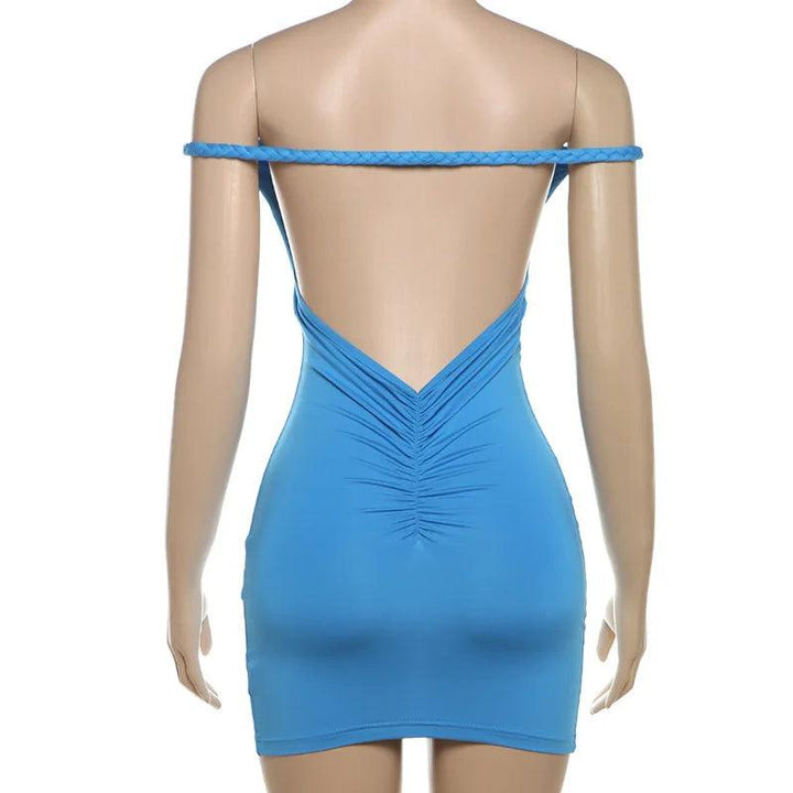 Women Sexy Solid Bodycon Mini Dress Braid Straps Off Shoulder Backless Ruched Hipster Slim Party Clubwear Fashion Casual Vestido-THAT FASHION STORE